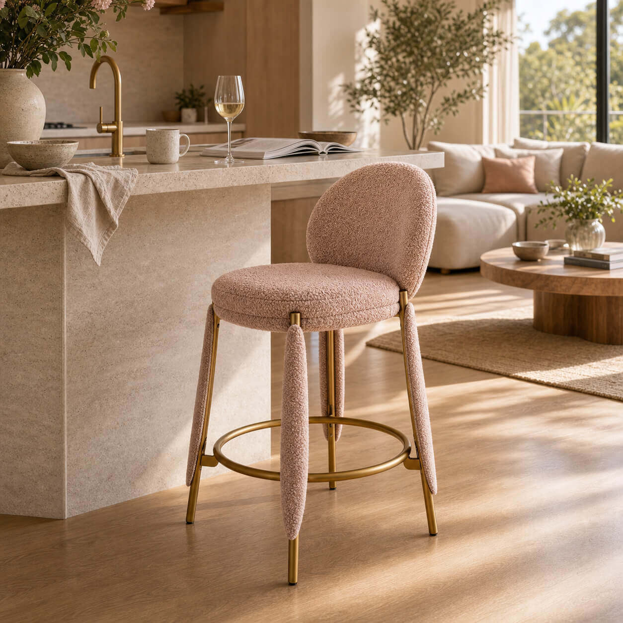 Belle Bar Stool with pink upholstered seat