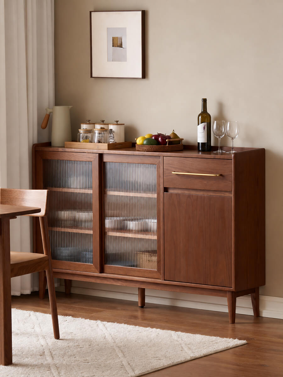 Bergan walnut sideboard with fluted glass doors in a dining room