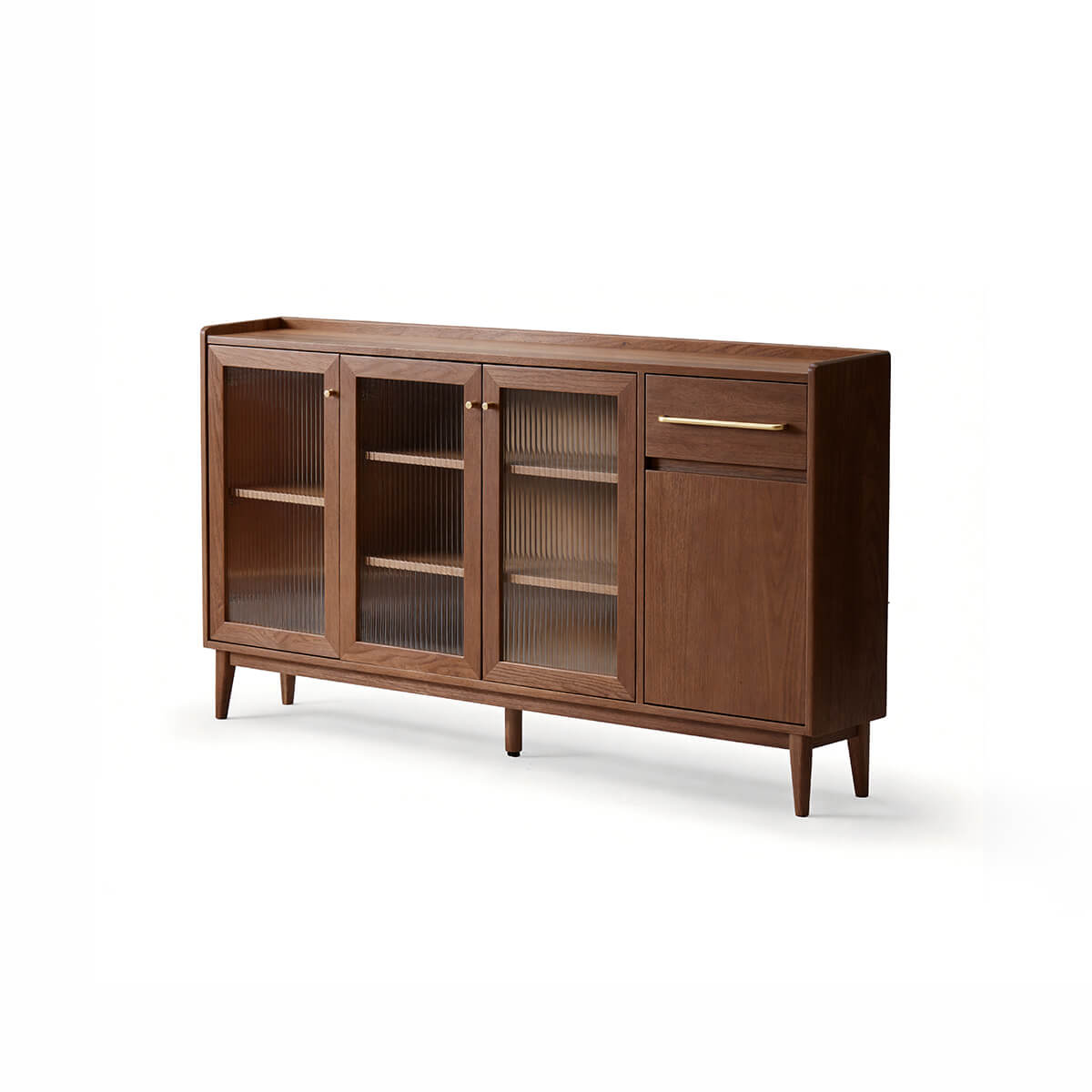 Bergan walnut sideboard with three fluted glass doors and storage cabinet
