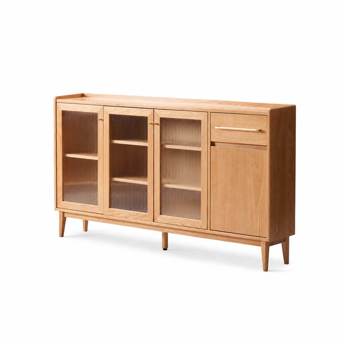 Bergen Solid Oak Storage Cabinet with Reeded Glass Doors – Angled View