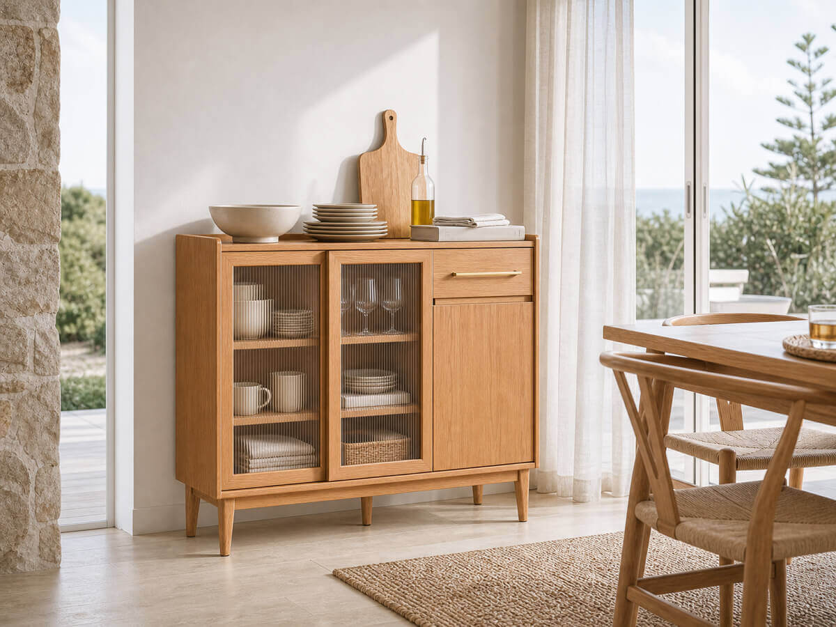 Bergen Solid Oak Storage Cabinet Styled Beside a Dining Table