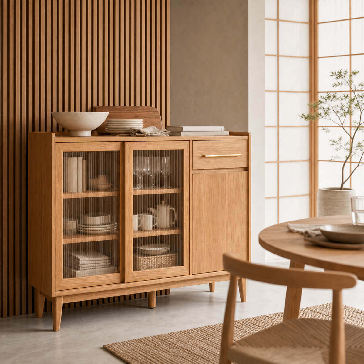 Bergen Solid Oak Storage Cabinet Styled in a Japandi Dining Room