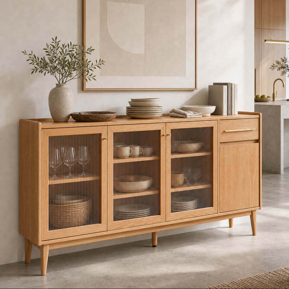 Bergen Solid Oak Storage Cabinet with Reeded Glass Doors in a Modern Dining Room