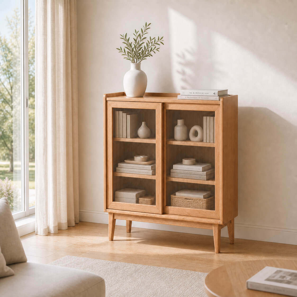 Bergen Solid Oak Storage Cabinet with Reeded Glass Doors in a Contemporary Home