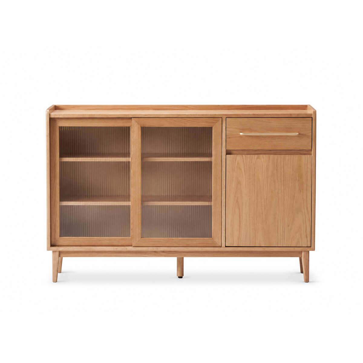 Bergen Solid Oak Storage Cabinet with Reeded Glass Doors, Drawer and Timber Door