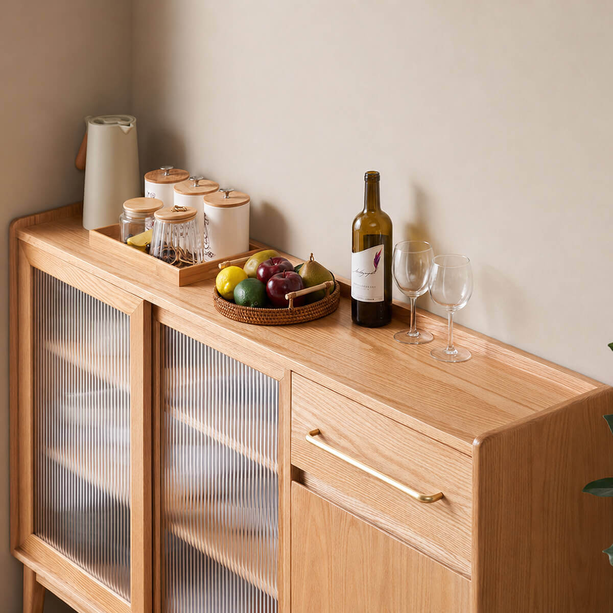 Close-up of the Bergen Solid Oak Storage Cabinet Top and Brass Handle