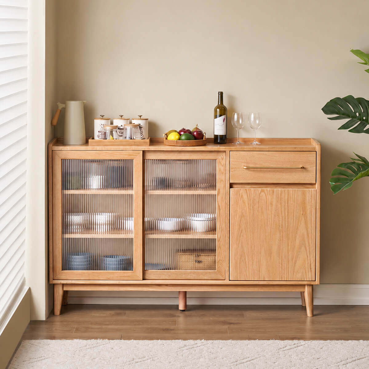 Bergen Solid Oak Storage Cabinet with Reeded Glass Doors in a Spacious Dining Room
