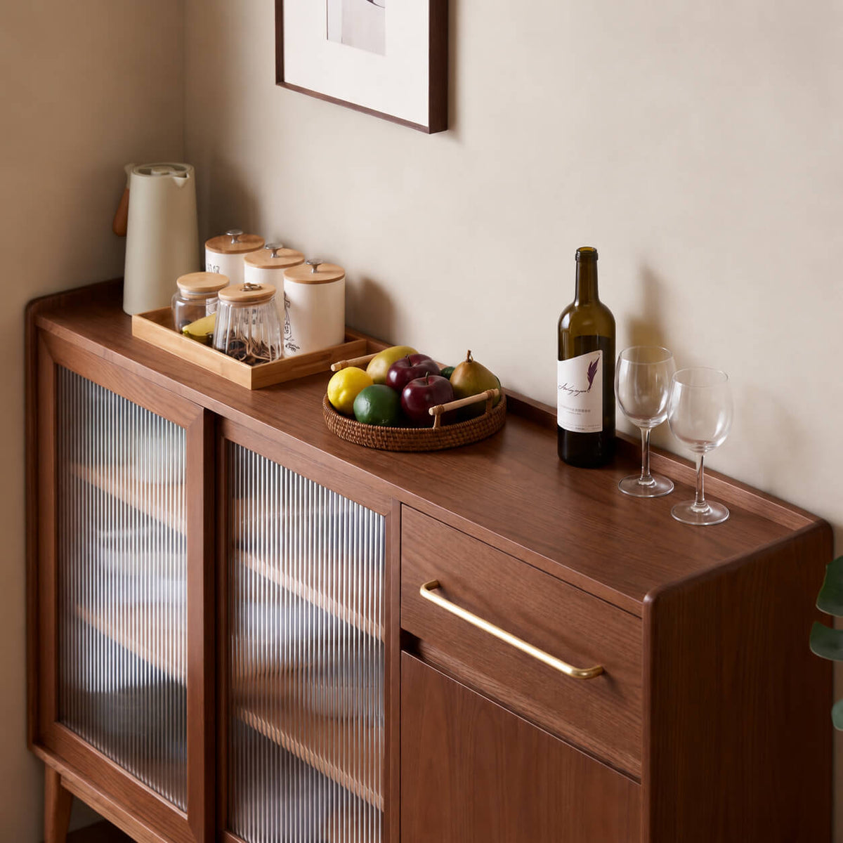 Bergan walnut sideboard with fluted glass doors and brass handle