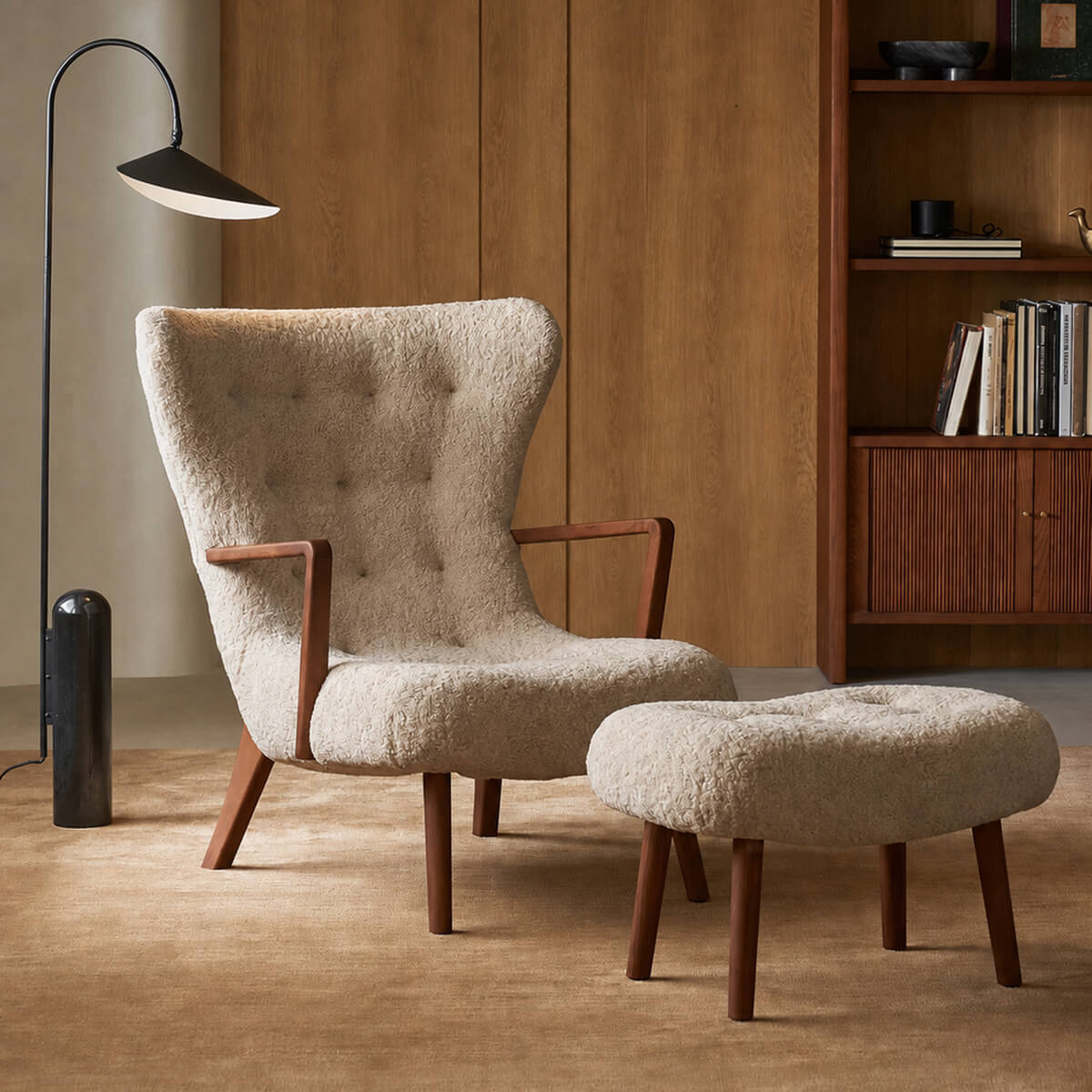 Berkeley Armchair with matching ottoman in bouclé upholstery and solid ash timber frame