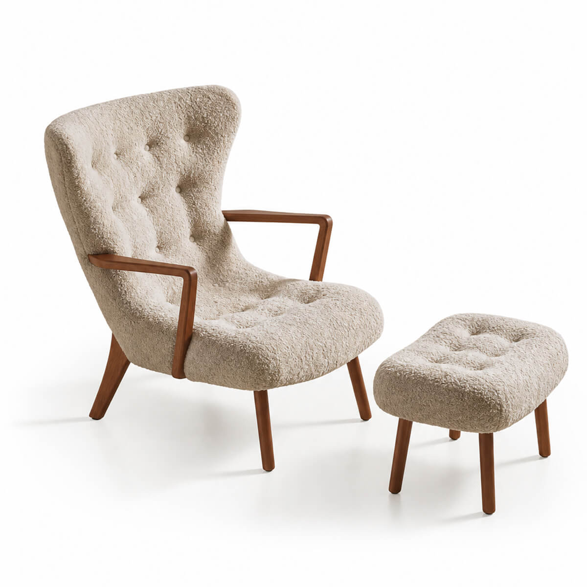 Berkeley Armchair and ottoman front view with solid ash timber frame