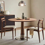 Cambell round dining table in walnut finish with matching dining chairs