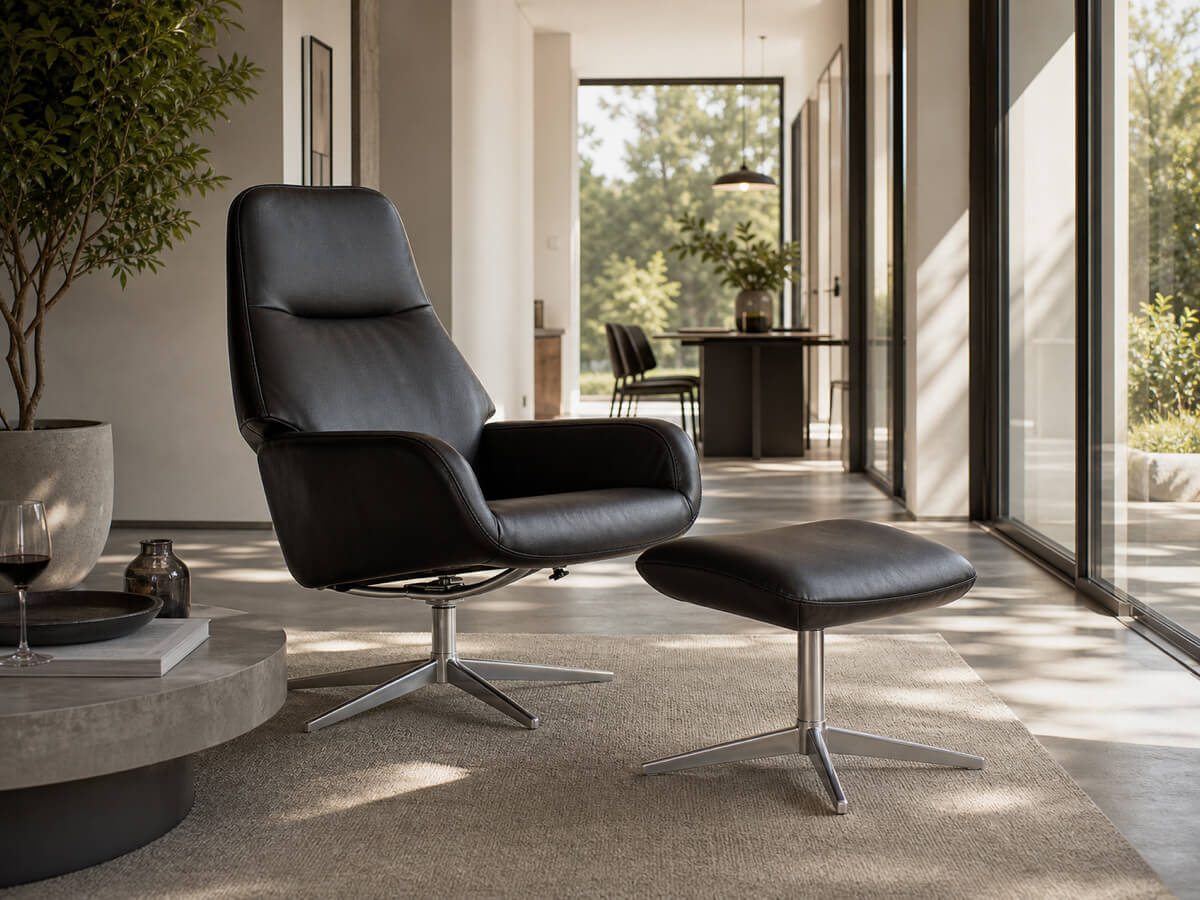 Black Camillo recliner chair and footstool in a bright contemporary home