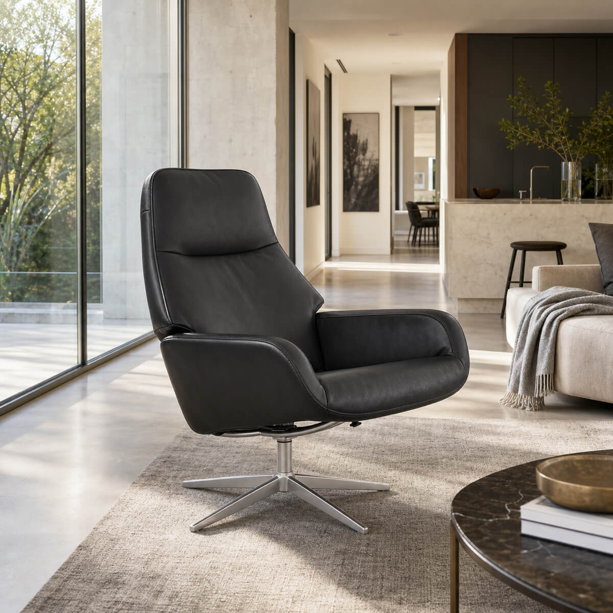 Black Camillo Swivel Recliner Chair in a modern Australian living room