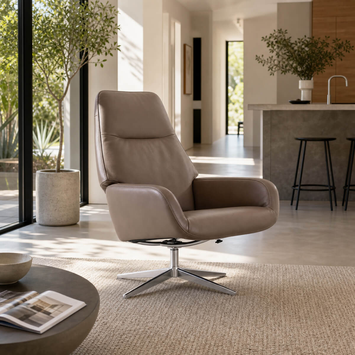 Camillo Swivel Recliner Chair in light grey leather in a bright modern living room