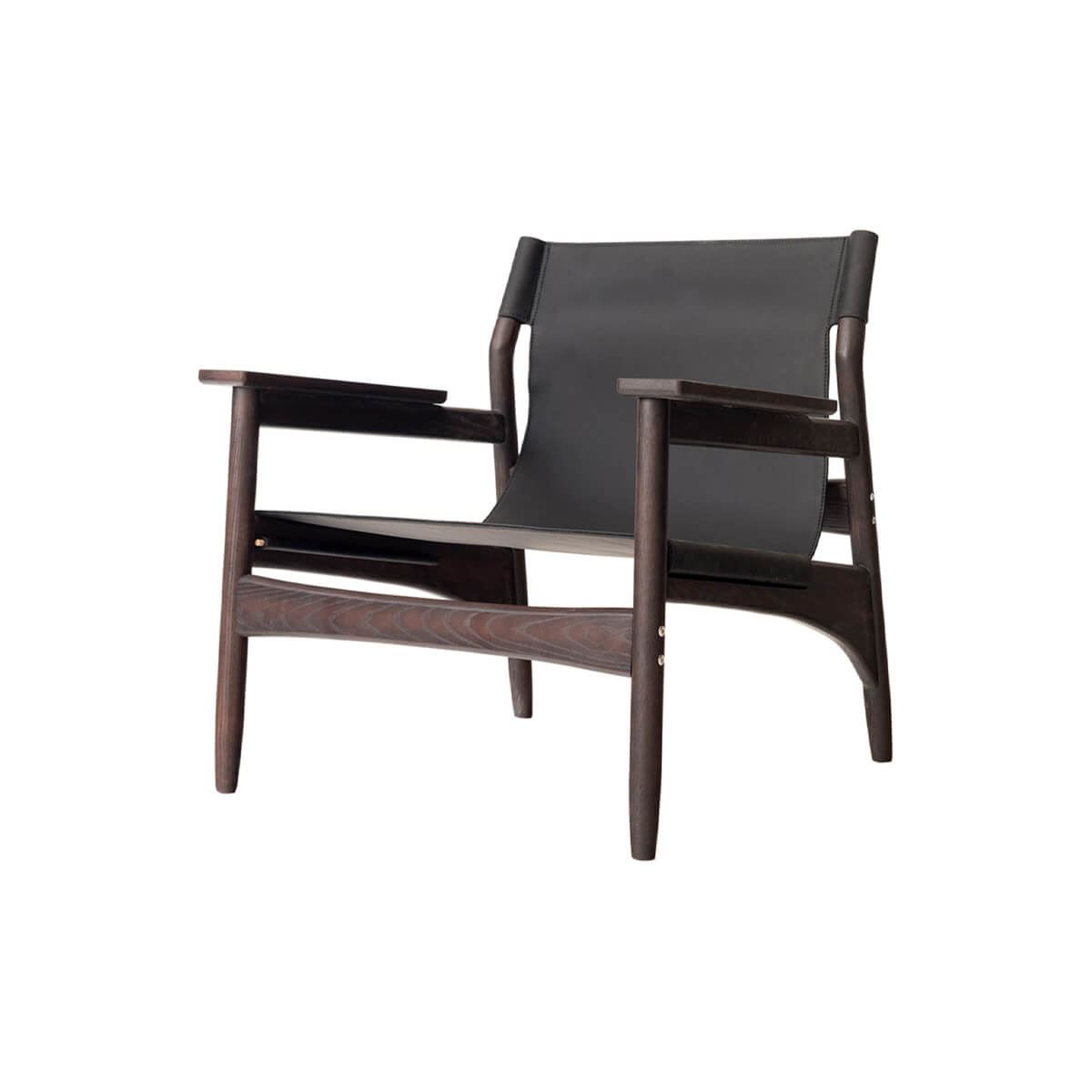 Carey armchair with dark ash timber frame and black sling seat
