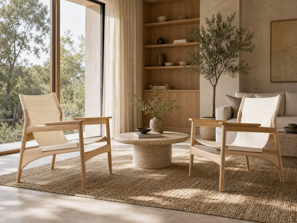 Two Carey armchairs with natural ash timber frames in a contemporary living room