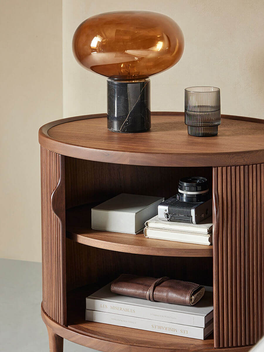 Curved internal shelf detail of the Charlie Tambour Bedside Table