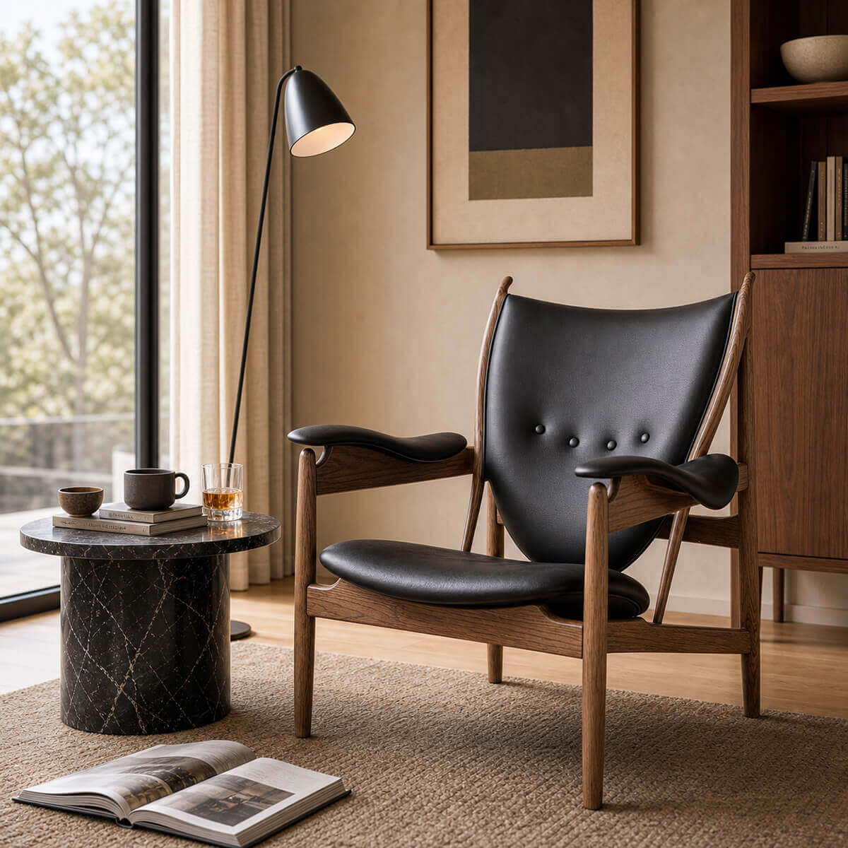 Chieftain chair replica with black leather upholstery in a designer living room