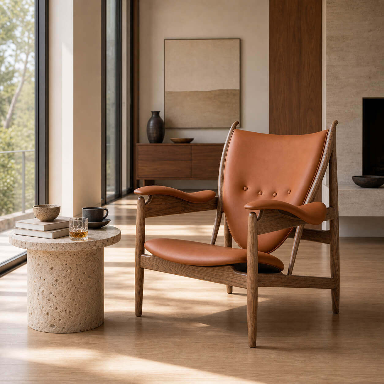 Chieftain chair replica with tan leather upholstery in a mid-century interior