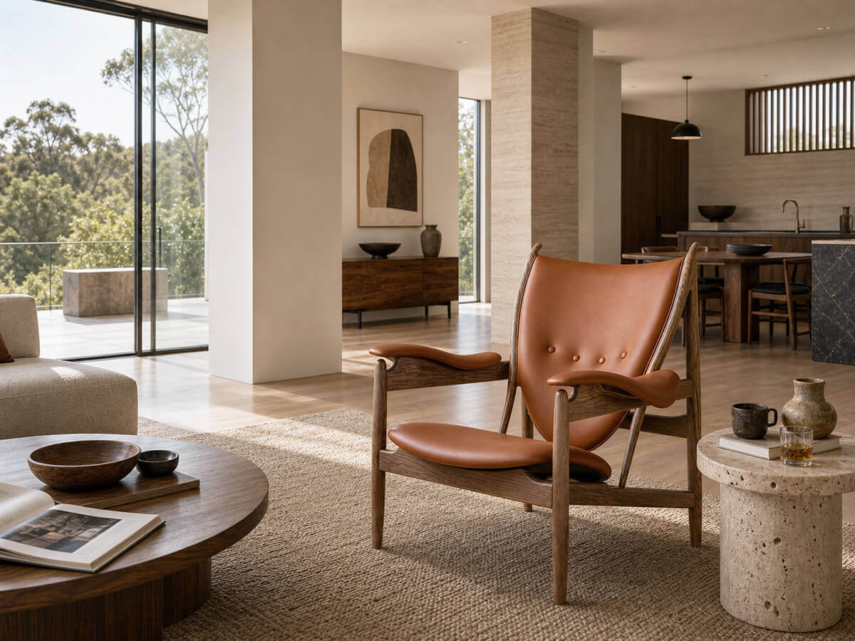 Chieftain chair replica with tan leather in a contemporary living room