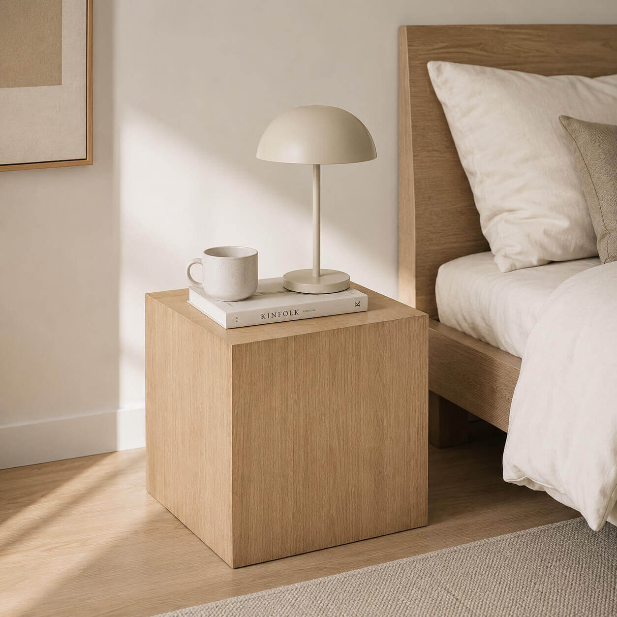 Clara Cube Side Table in oak finish used as a bedside table in a contemporary bedroom