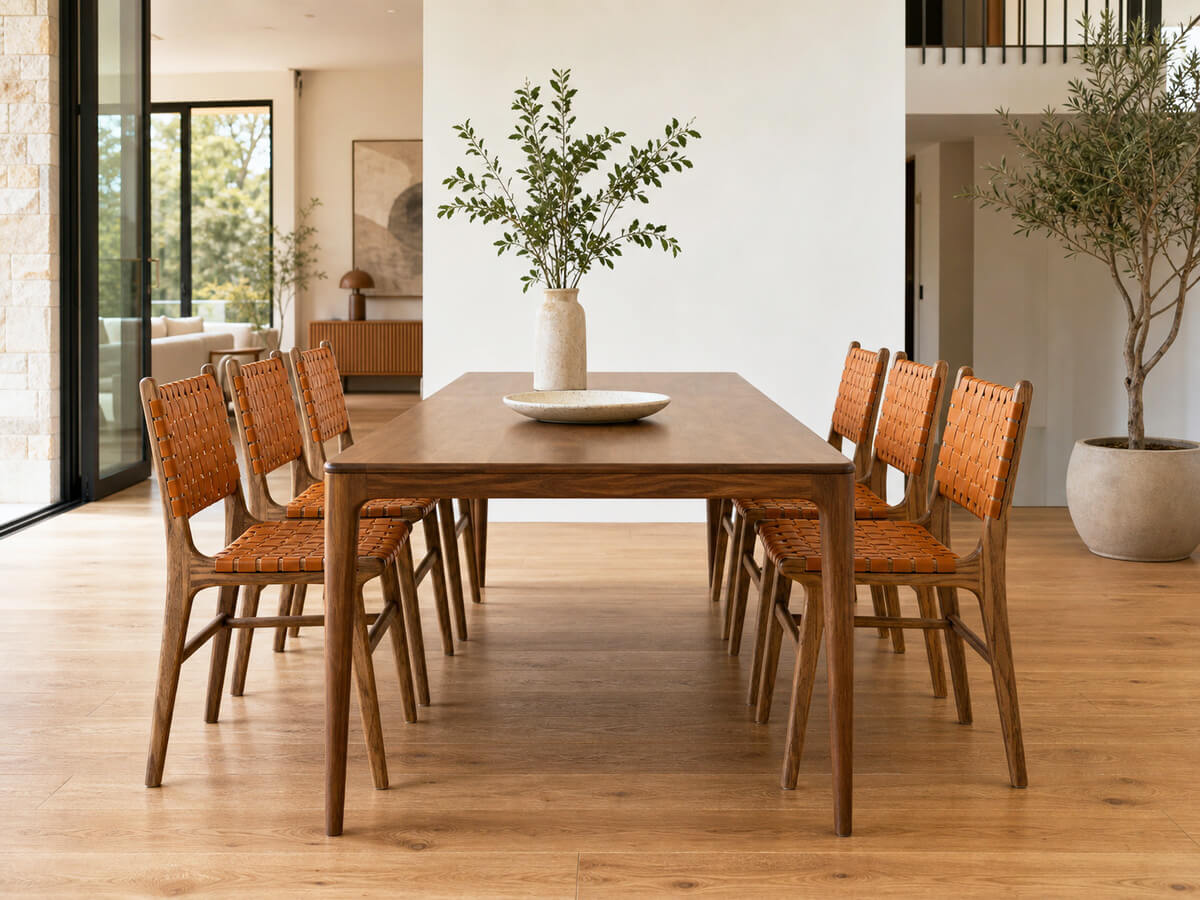 Connar dining chair set with walnut dining table in a bright contemporary dining space