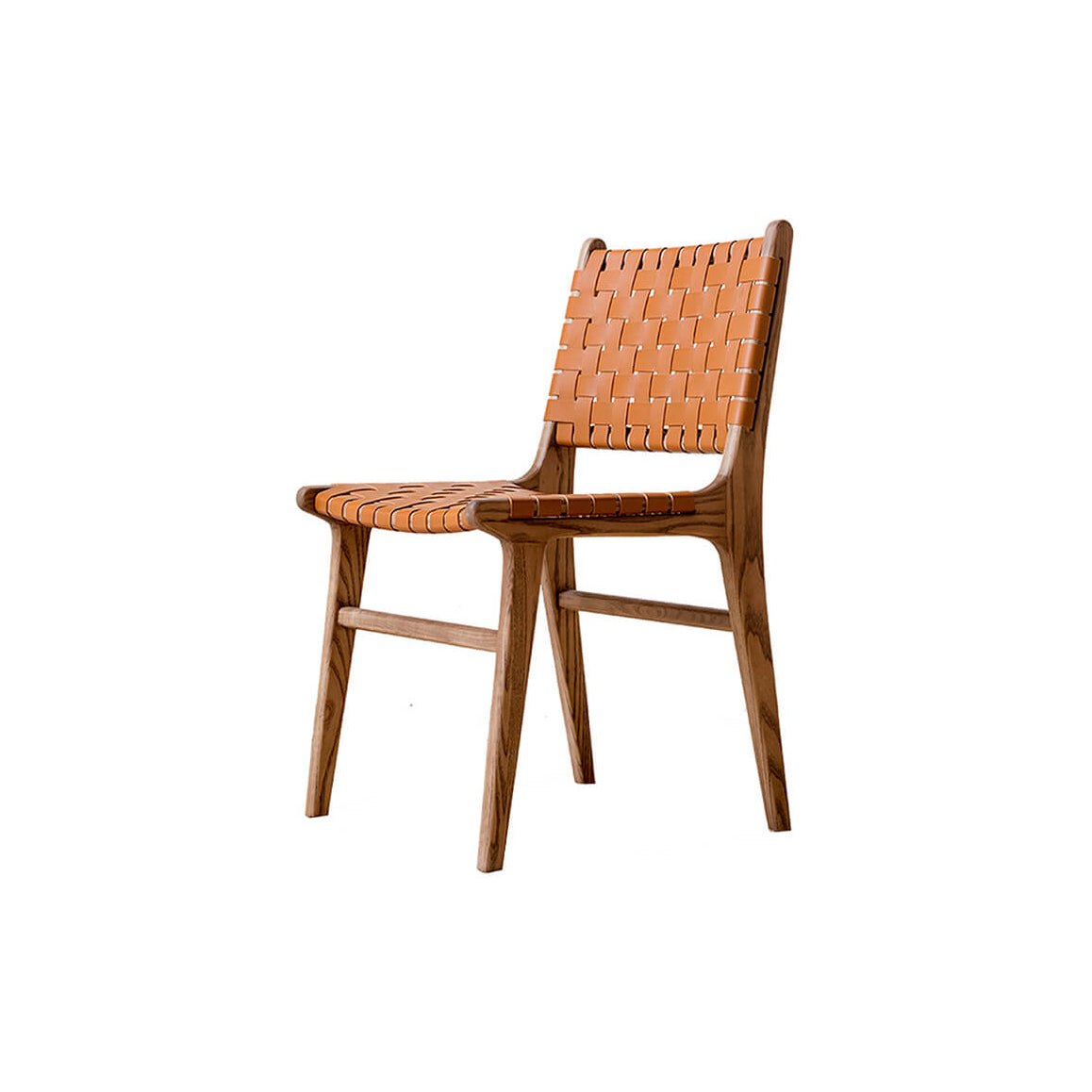 Connar dining chair in walnut timber with woven saddle leather seat and backrest