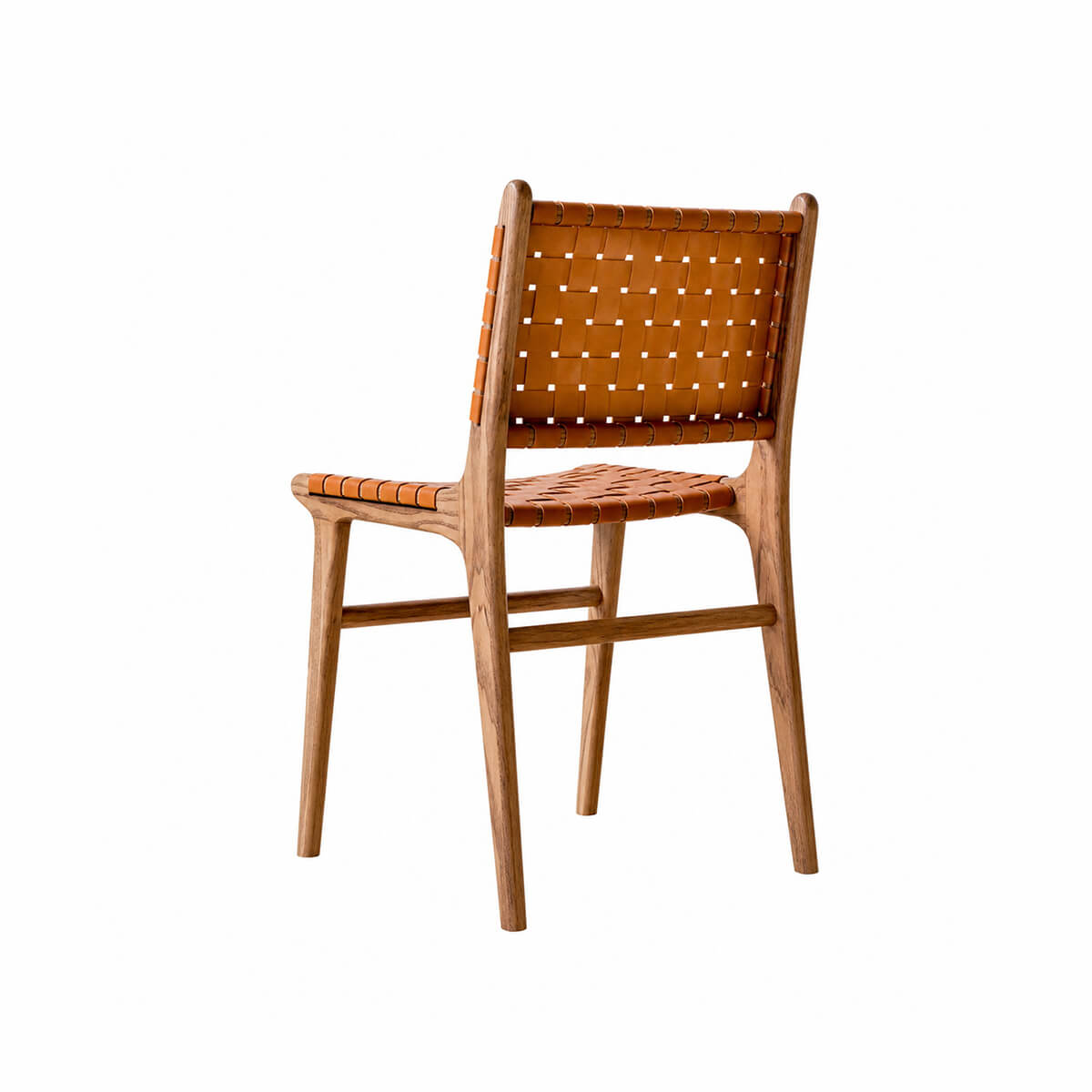 Connar dining chair rear view with woven saddle leather backrest and solid walnut frame