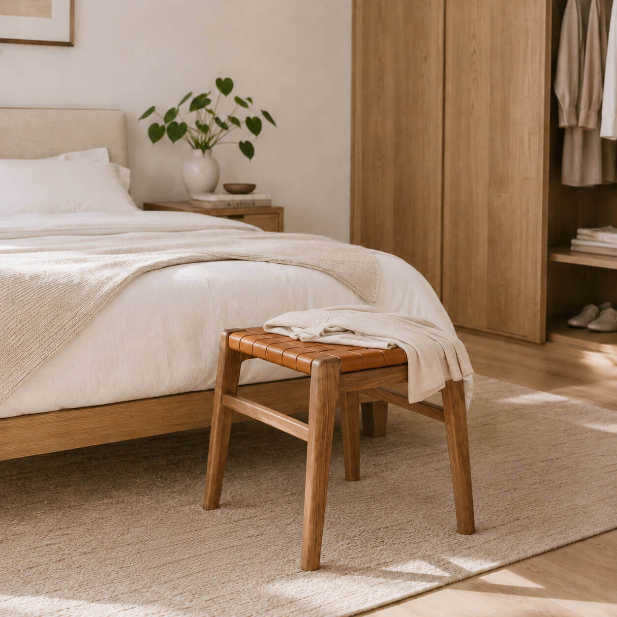 Connar saddle leather stool at the foot of a bed in a minimalist Scandinavian bedroom
