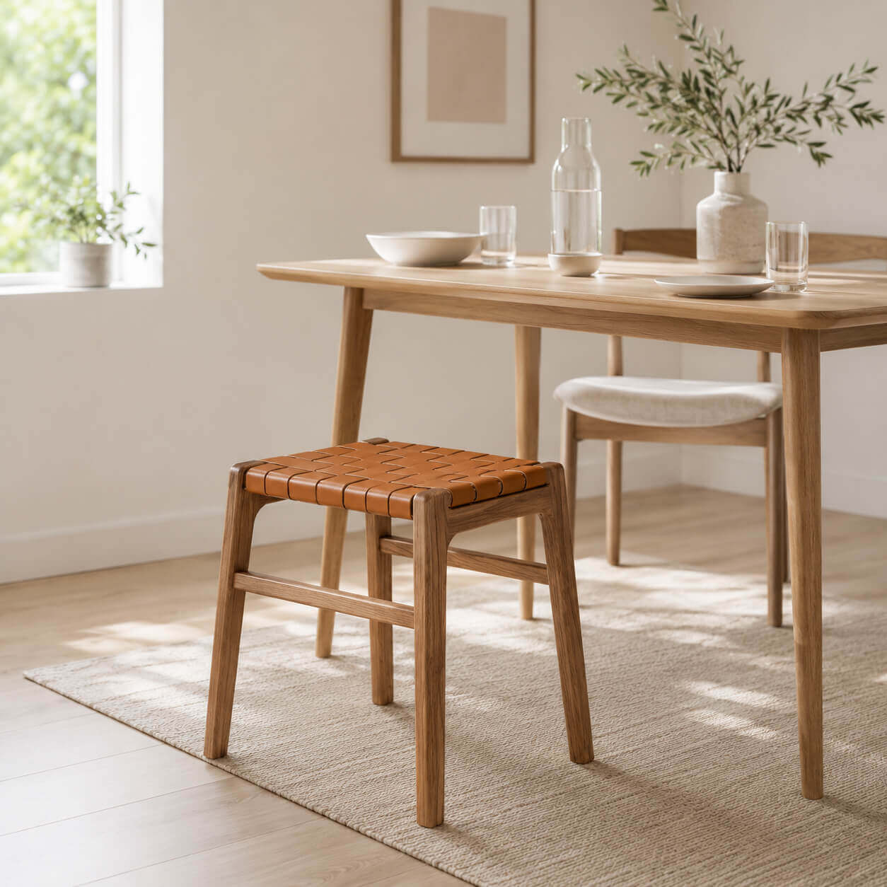 Connar saddle leather stool used as a temporary dining seat beside a timber dining table