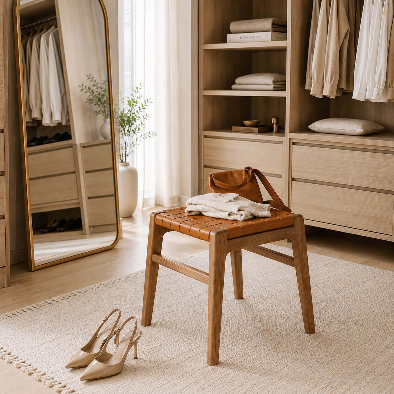Connar saddle leather stool in a walk-in wardrobe with clothing storage and full-length mirror