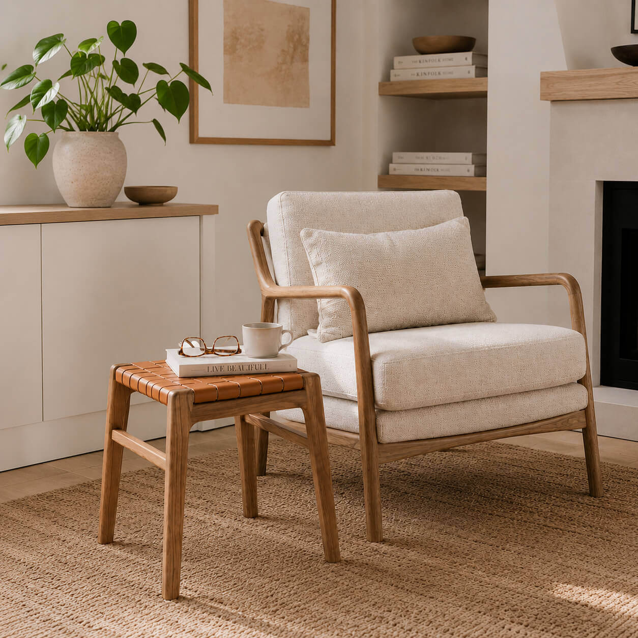 Connar saddle leather stool beside a lounge chair as a side stool in a Scandinavian living room