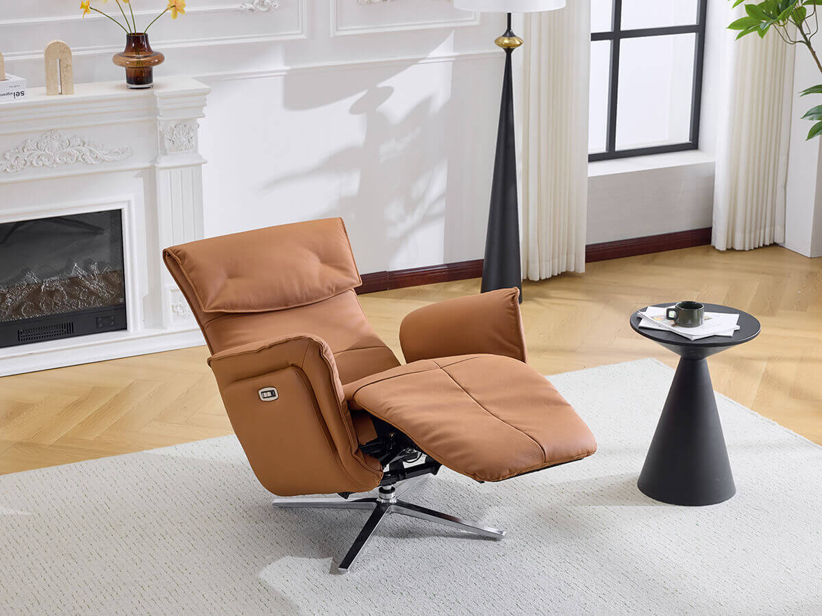 Copenhagen electric recliner chair in tan leather fully reclined in zero gravity position