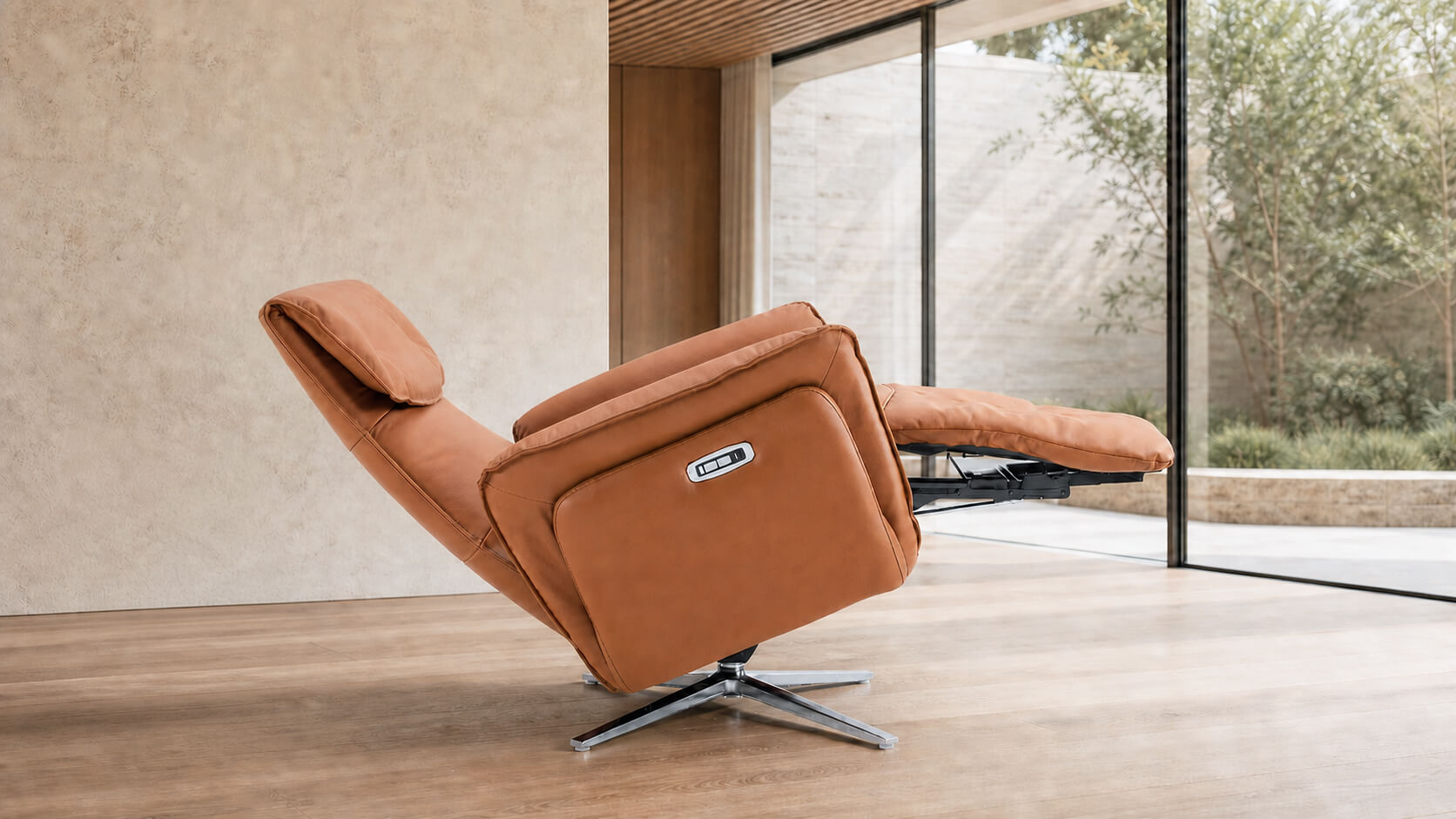 Copenhagen leather electric recliner chair in Zero Gravity position with adjustable headrest