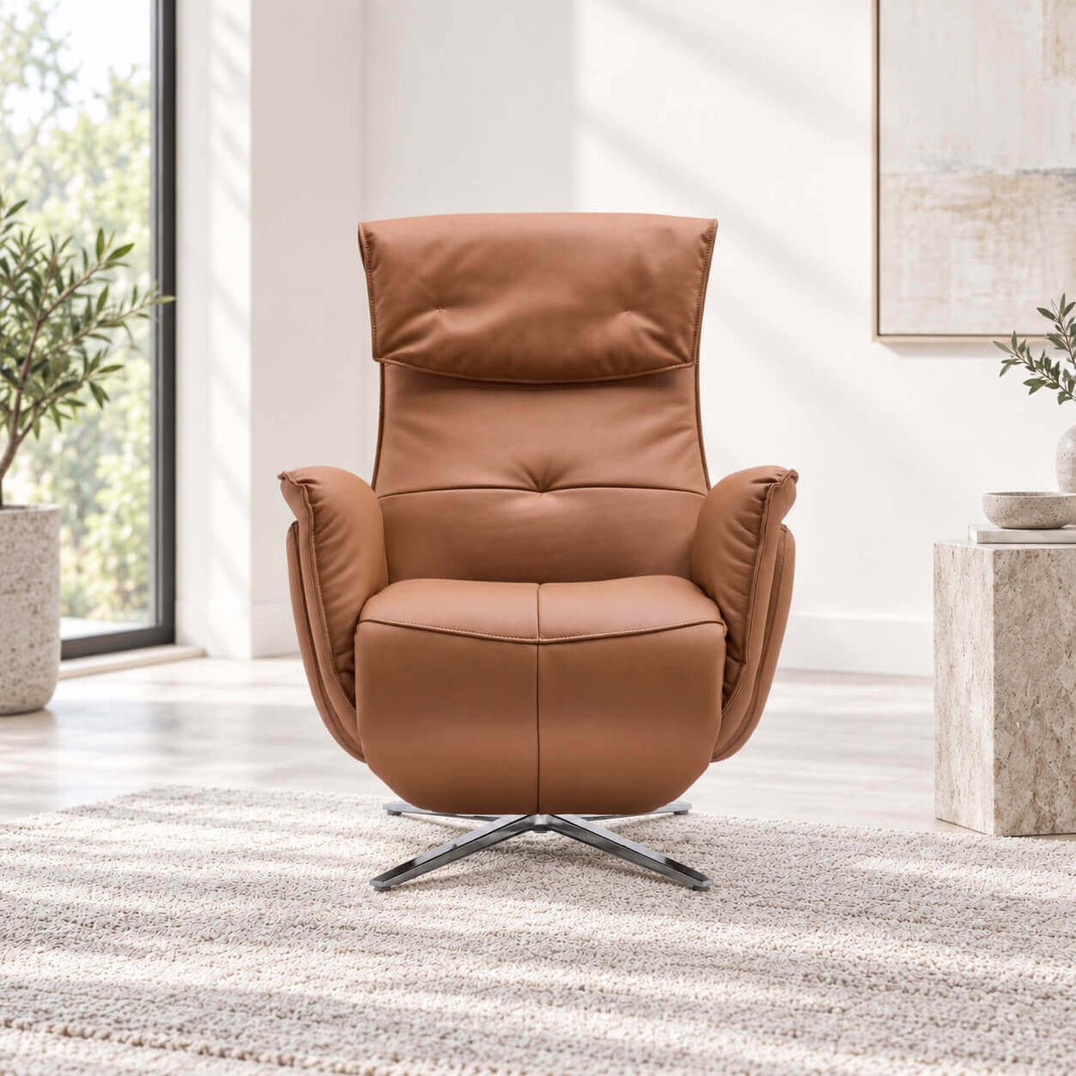 Copenhagen tan leather electric recliner chair in a bright contemporary living room