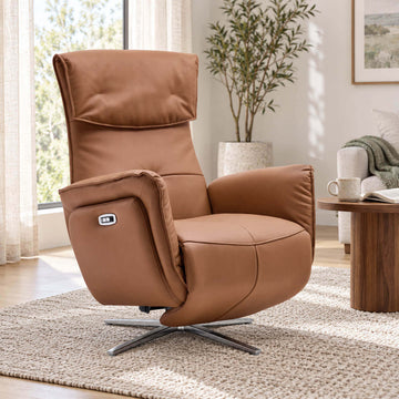 Copenhagen tan leather electric recliner chair beside a side table in a sunlit living room