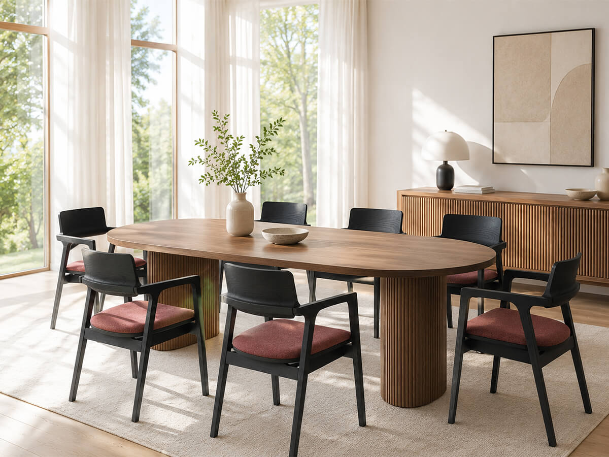 Cordy Designer Dining Chairs paired with a contemporary timber dining table
