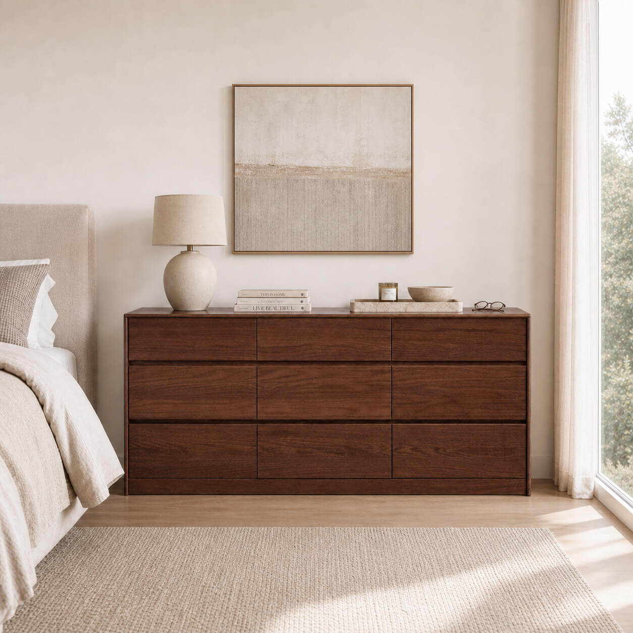 Denmark 9-drawer chest in walnut-stained oak