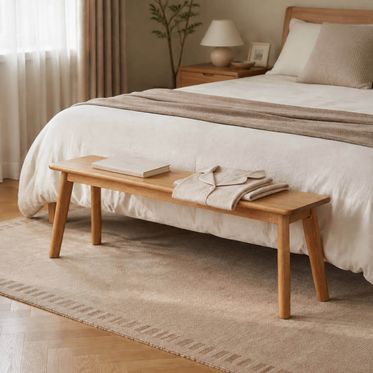 Denmark solid oak bench used as a bedroom end-of-bed bench