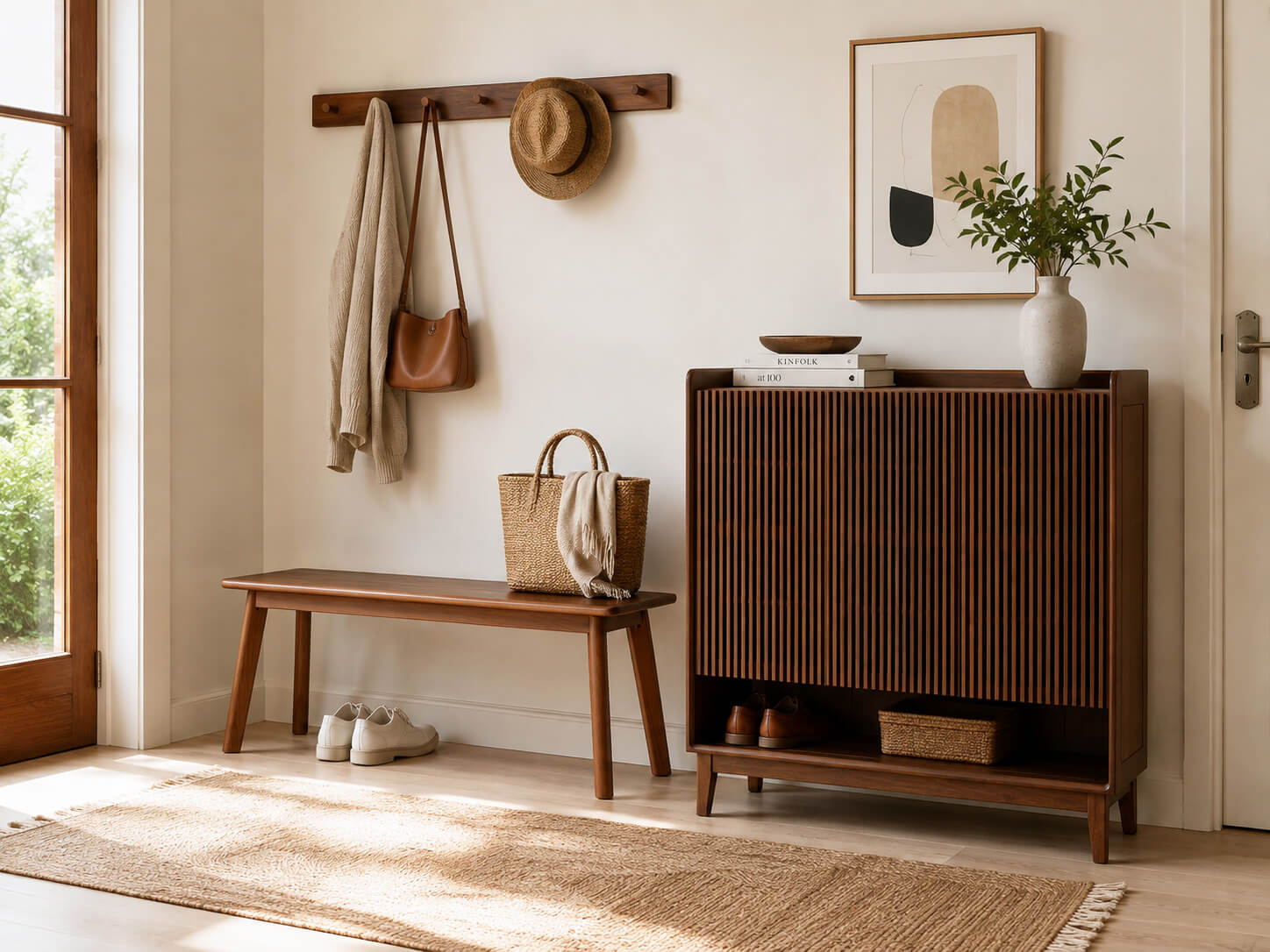 Denmark solid walnut bench styled in a bright hallway entryway