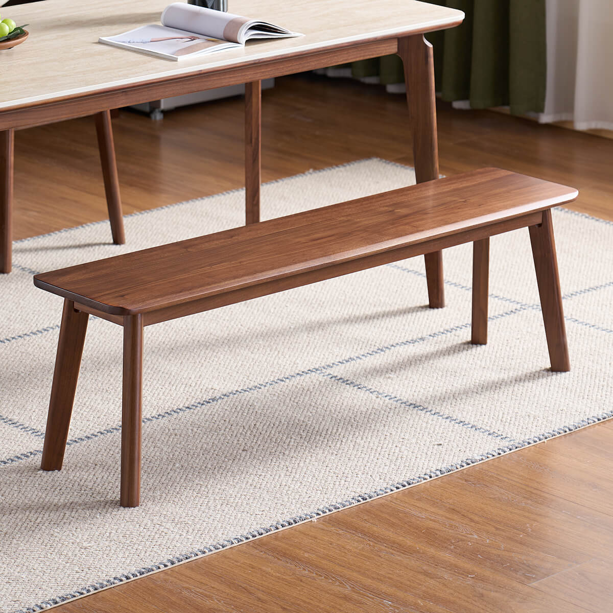 Denmark solid walnut bench in a dining room setting