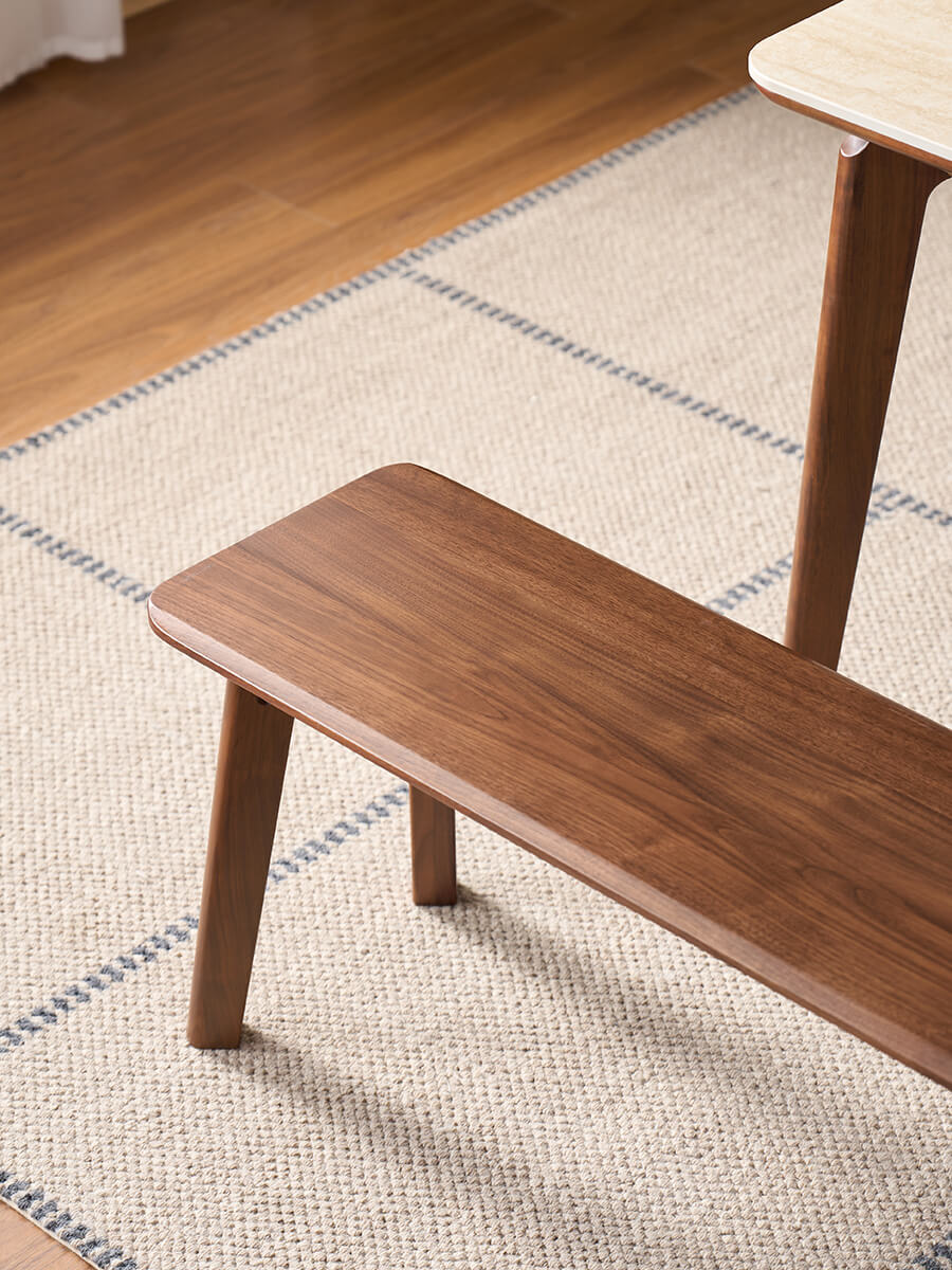 Denmark solid walnut bench showing solid wood seat and grain