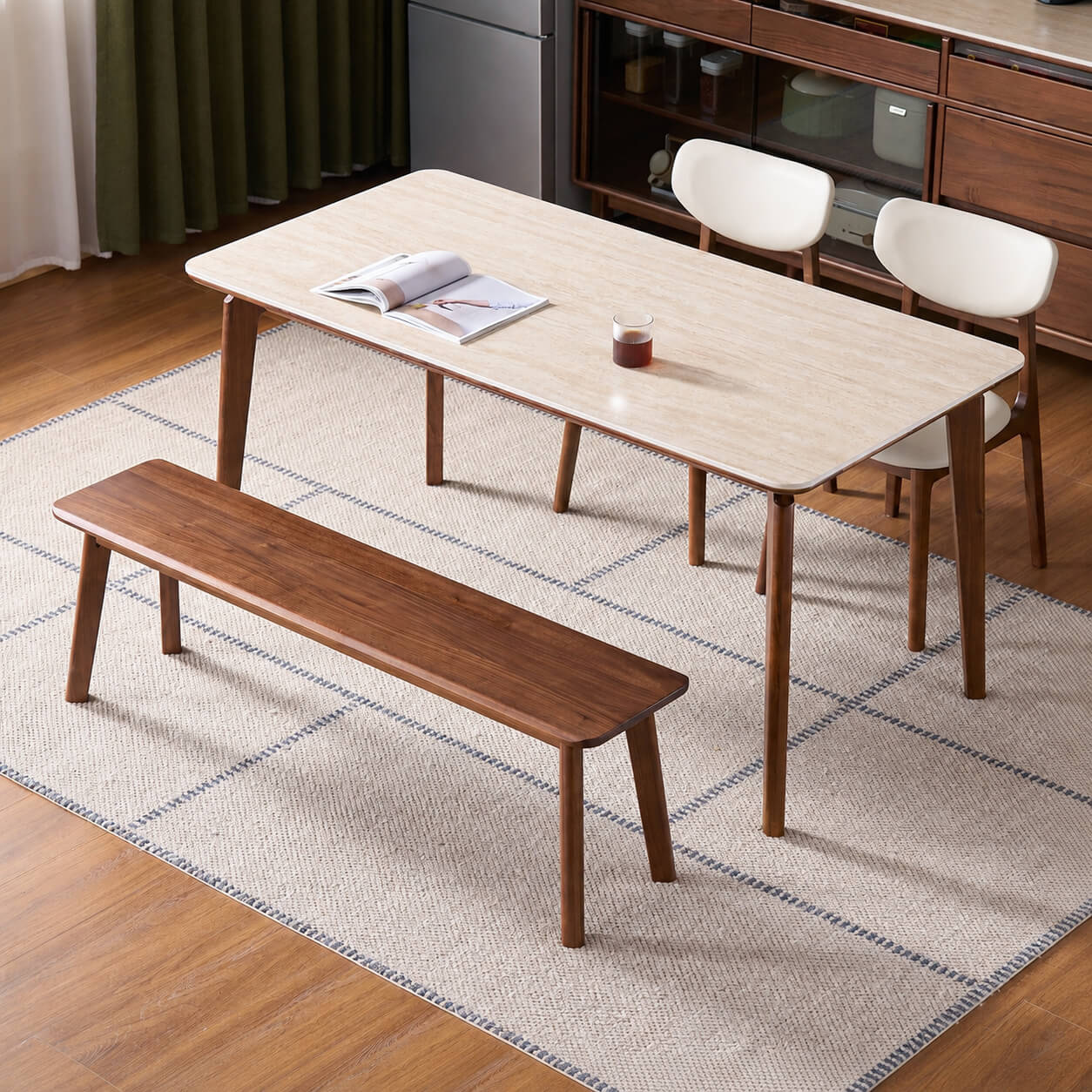 Denmark solid walnut bench paired with a dining table