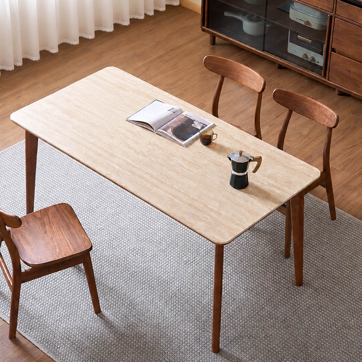 Denmark Solid Walnut Dining Table top view showing the sintered stone tabletop