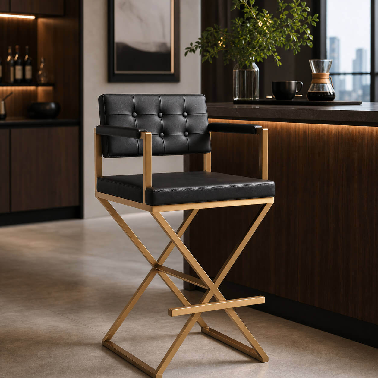 Director Bar Stool with black upholstery and gold frame in modern kitchen