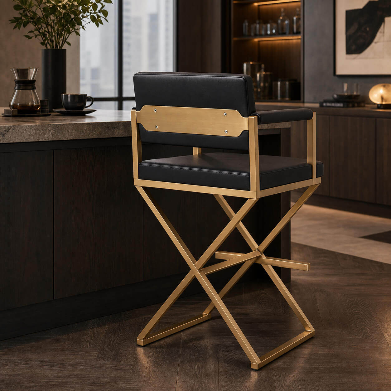 Director Bar Stool with black upholstery beside kitchen island