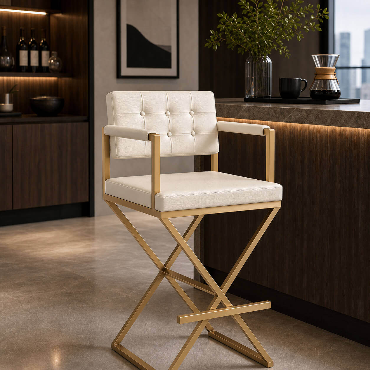 Director Bar Stool with white upholstery beside kitchen island