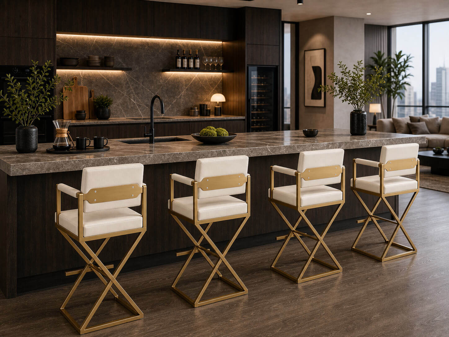 Director Bar Stool white upholstery set around kitchen island