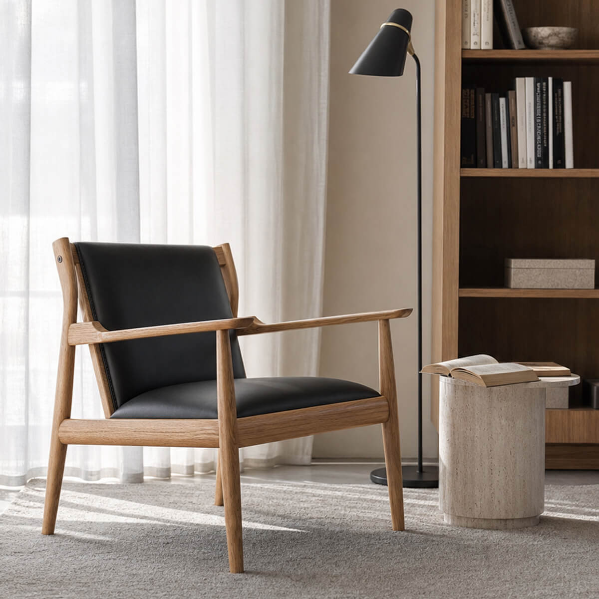 Douk Armchair with Top-Grain Leather Upholstery and Solid Ash Frame