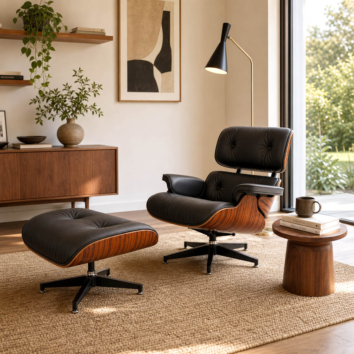 Eames lounge chair replica in modern living room setting